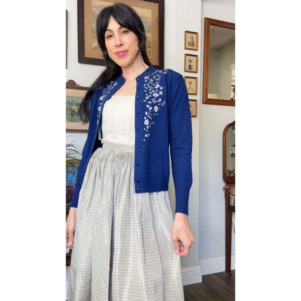 Vintage 60s Luisa Spagnoli Italy Blue Embroidered Floral Wool Cardigan Sweater - Picture 3 of 8